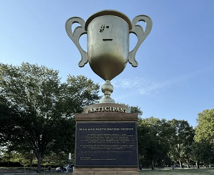 Satirical Trophy Targets Trump’s Iran Policy on National Mall